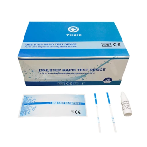 a blue and white box with a white label and blue strips