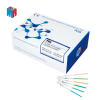 a box with a blue and white design and several colored needles