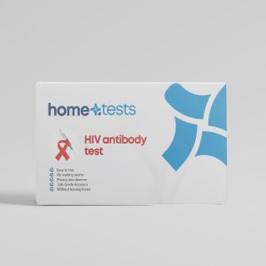 Front view of an HIV product box showing branding and key information