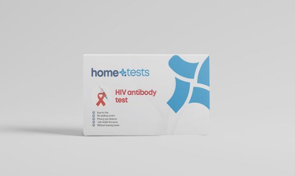 Front view of an HIV product box showing branding and key information