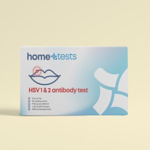 Front view of hometests.us HSV-1 & HSV-2 at-home test kit box, showing clear branding and test type label