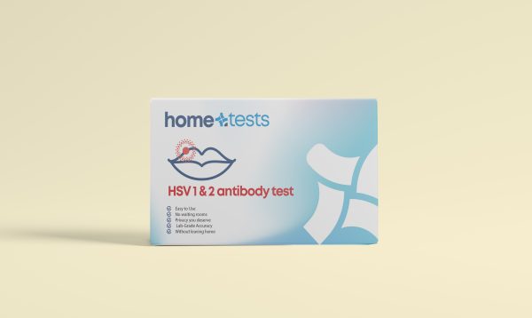 Front view of hometests.us HSV-1 & HSV-2 at-home test kit box, showing clear branding and test type label